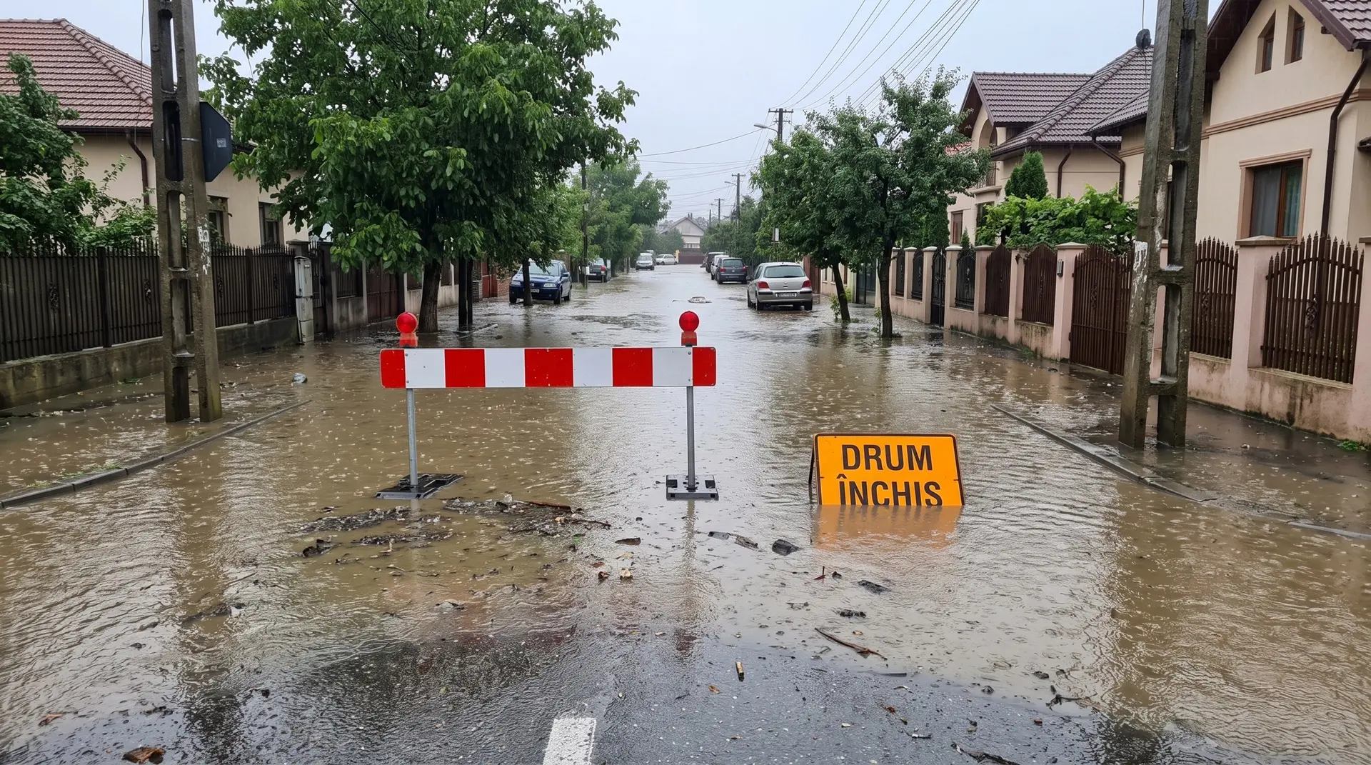 Flooded road blocked by red and white barriers with a Road Closed sign