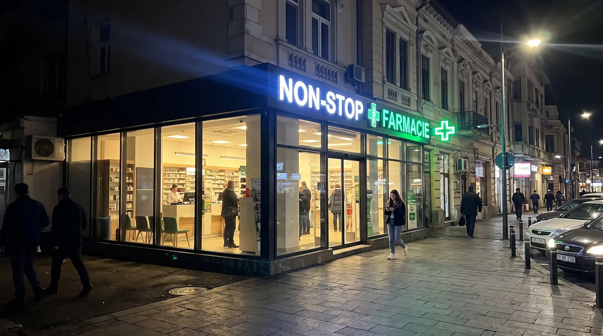 Brightly lit 24/7 store at night